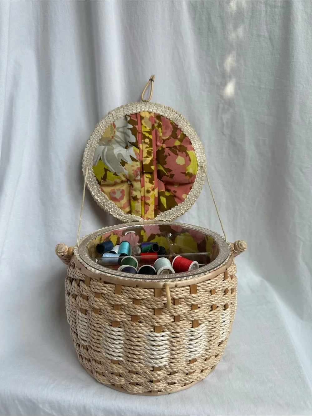 Vintage 1960s Woven Sewing Basket / Sewing Box Made in Japan | Floral Lining